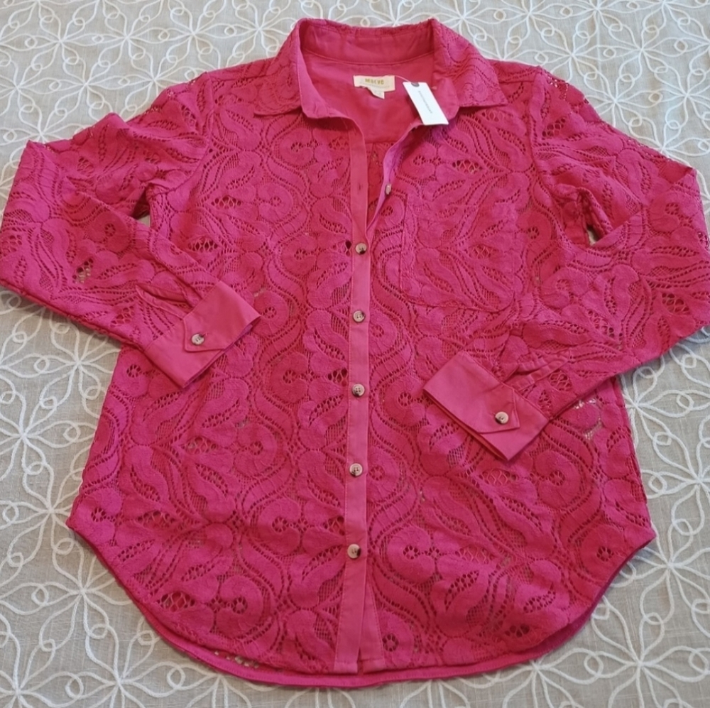 🆕 Sz 2 💗 Anthropologie Maeve—Floral Lace Button front top pink—rolled sleeves - Picture 7 of 7